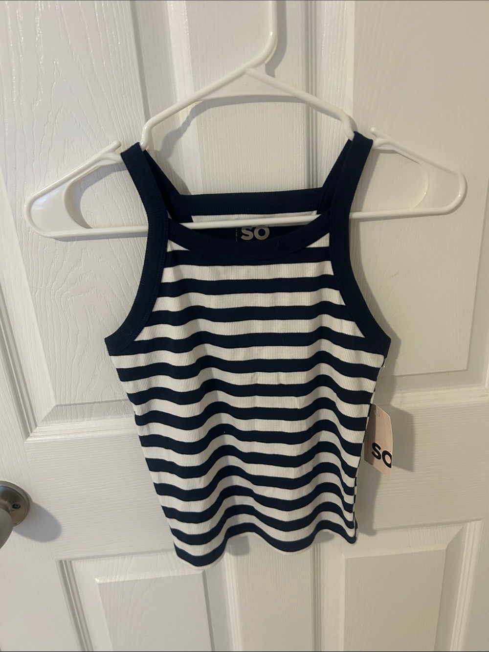 SO Navy and White Striped Ribbed Halter Tank